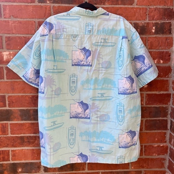 Columbia Mens XL Blue Swordfish Boat Fishing Short Sleeve Button Down Shirt - Picture 4 of 9